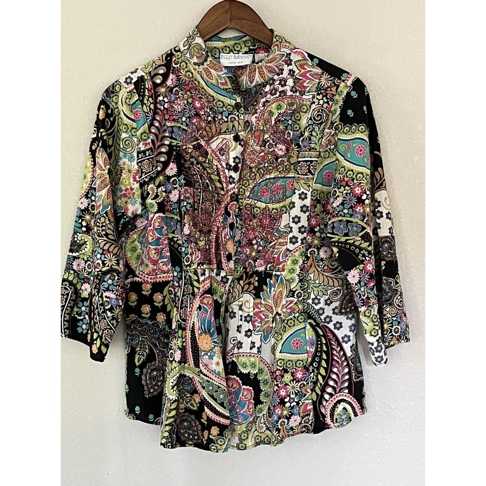Bleu Bayou Boho Chic Colorful Beaded Button Up Blouse Women's Size M